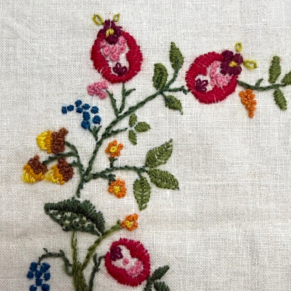 Vintage Hand Embroidered Linen Panel Squirrel Floral Crewel Folk Art 13x14‎ - Picture 3 of 6